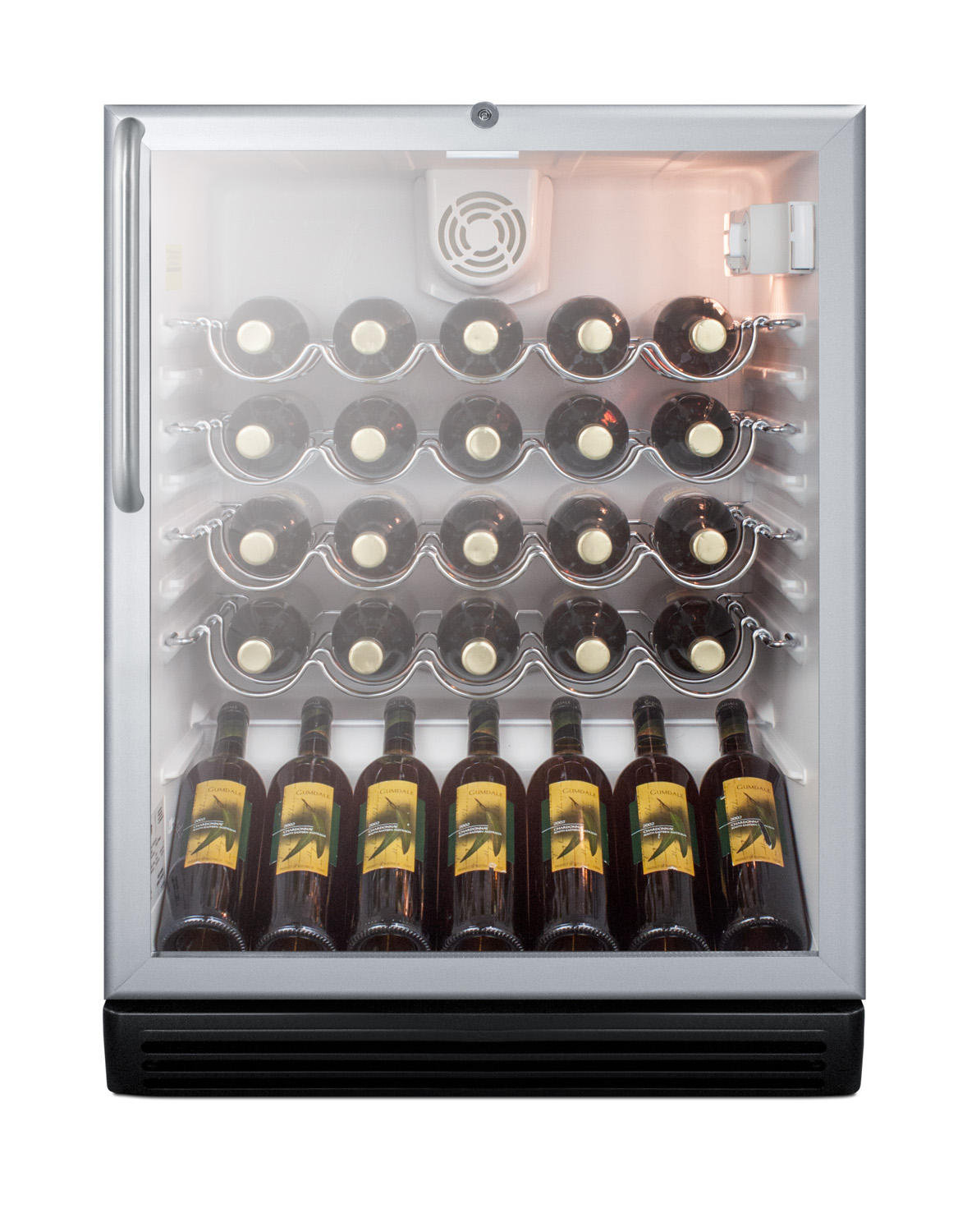 ADA compliant, commercially approved wine cellar for built-in undercounter use, with glass door and stainless steel cabinet